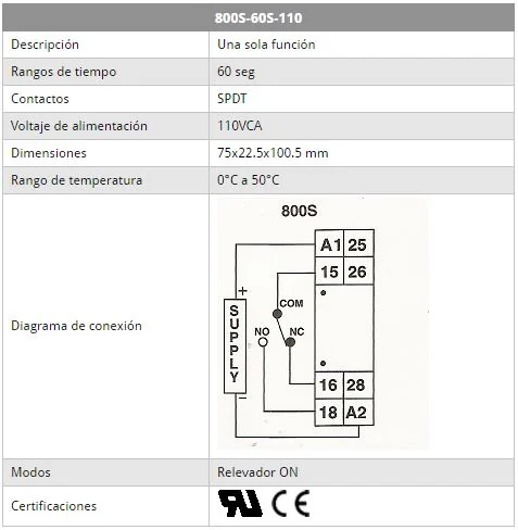 Temporizador Riel DIN 110VCA, 60 seg.