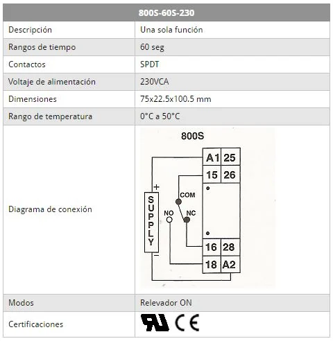 Temporizador Riel DIN 230VCA, 60 seg.