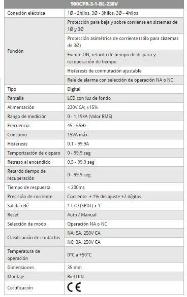 Rele proteccion de corriente Alim 230V,rango 0-1.19kA,1y 3Ø