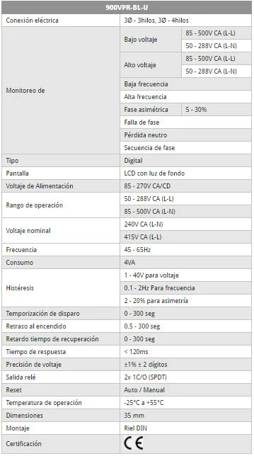 Rele proteccion de voltaje,3Ø Alim 85-270V,rango 85-500V